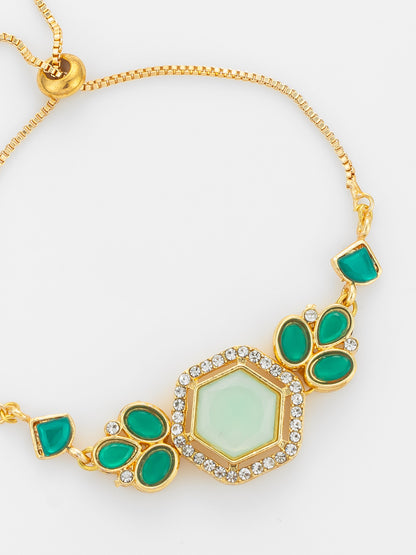 Aadita Gold Plated Hexagonal Green Stone Bracelet