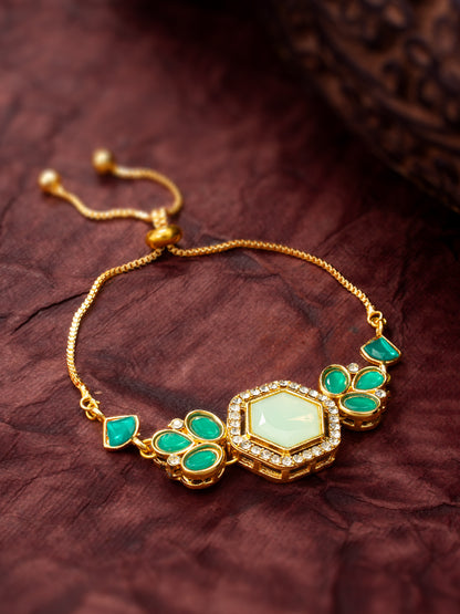 Aadita Gold Plated Hexagonal Green Stone Bracelet