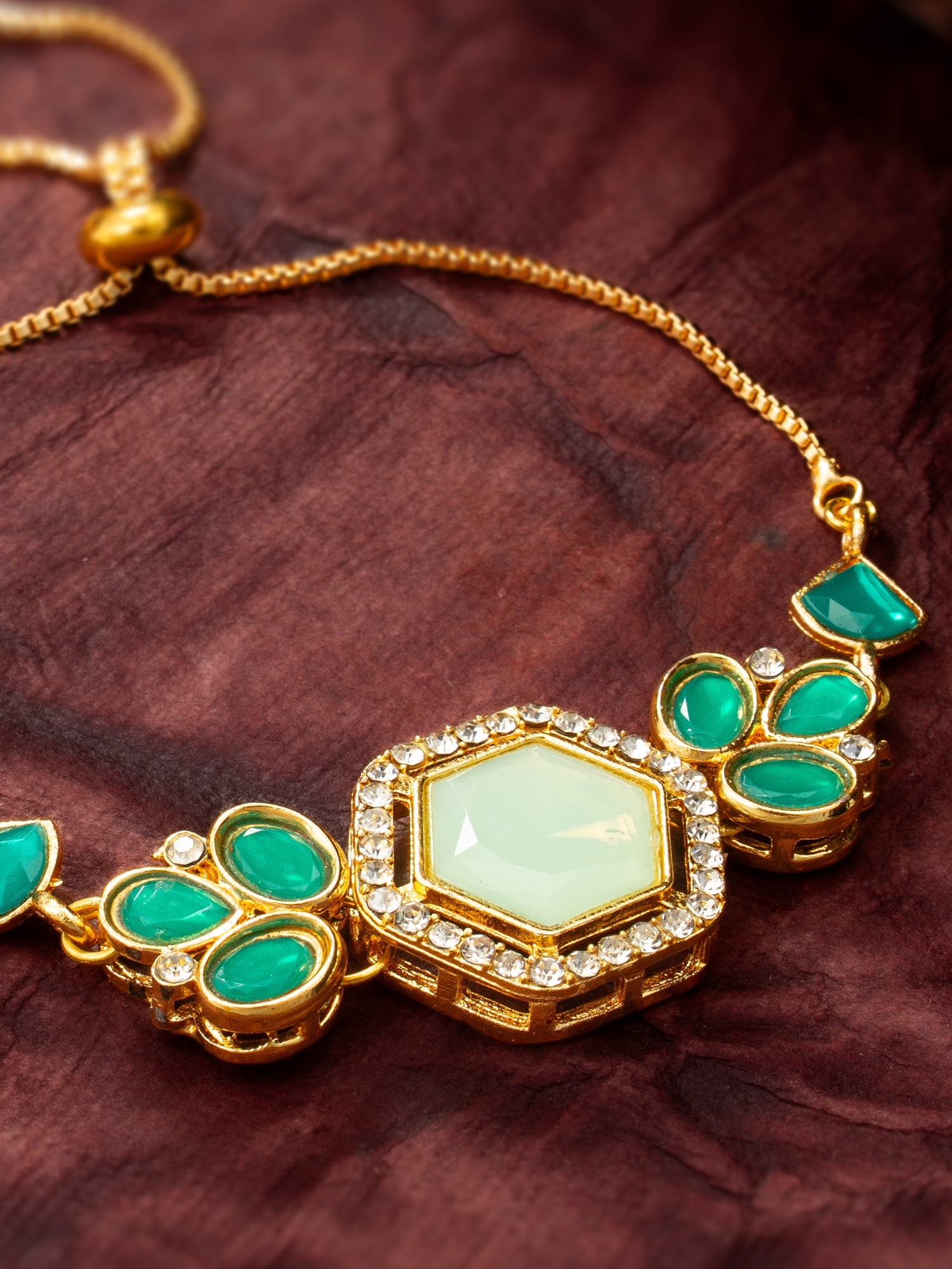 Aadita Gold Plated Hexagonal Green Stone Bracelet