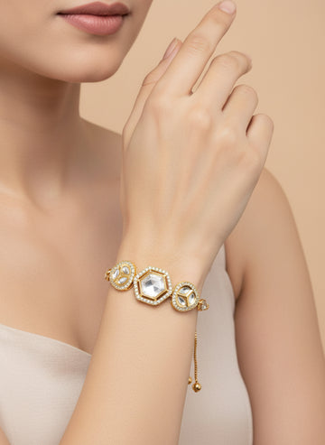 Aadita Gold Plated Hexagonal Kundan Statement Bracelet