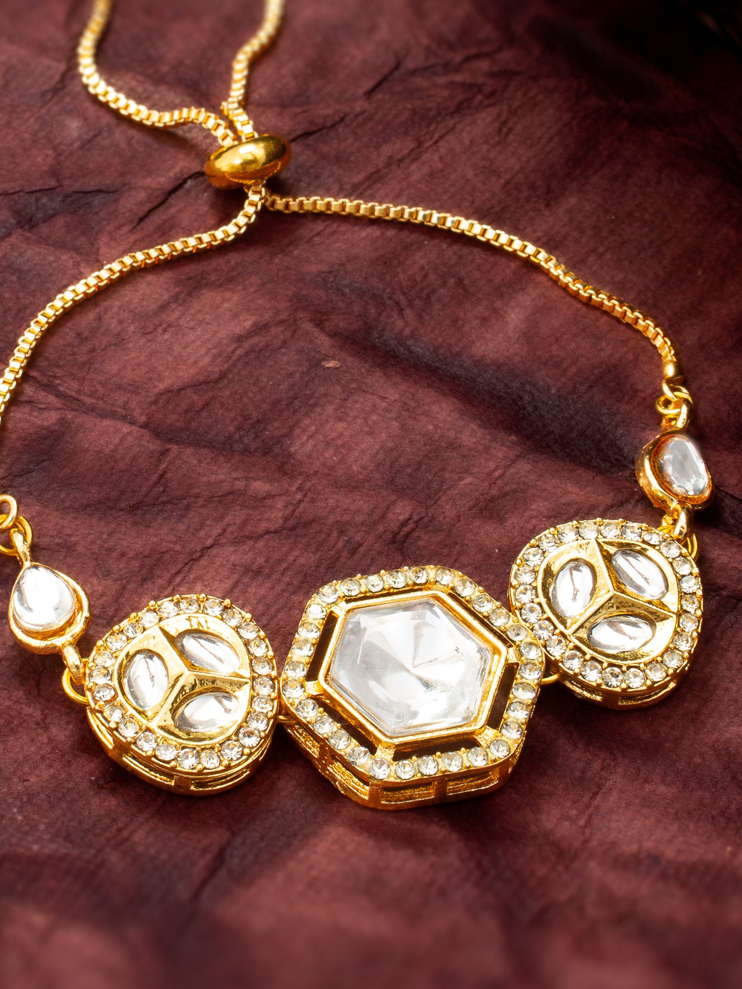 Aadita Gold Plated Hexagonal Kundan Statement Bracelet