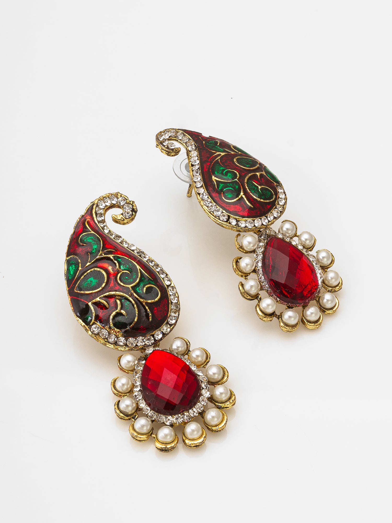 Aadita Gold-Toned Meenakari Drop Earrings with Crystal and Pearl Pendant