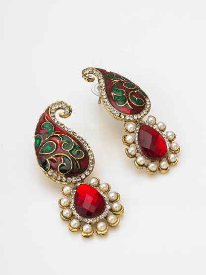 Aadita Gold-Toned Meenakari Drop Earrings with Crystal and Pearl Pendant