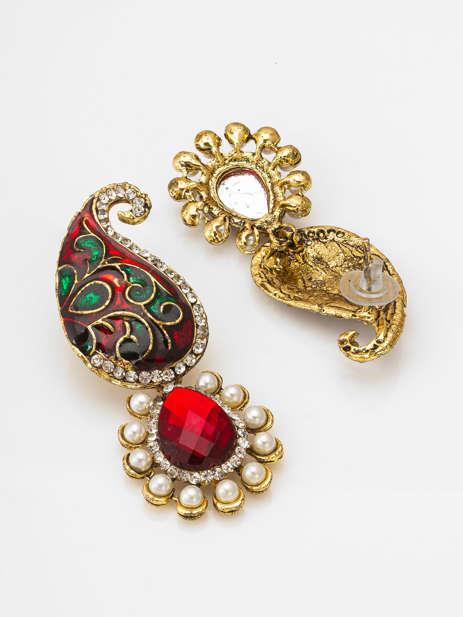 Aadita Gold-Toned Meenakari Drop Earrings with Crystal and Pearl Pendant
