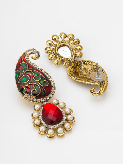 Aadita Gold-Toned Meenakari Drop Earrings with Crystal and Pearl Pendant