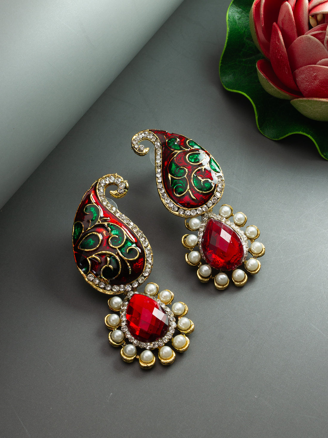 Aadita Gold-Toned Meenakari Drop Earrings with Crystal and Pearl Pendant