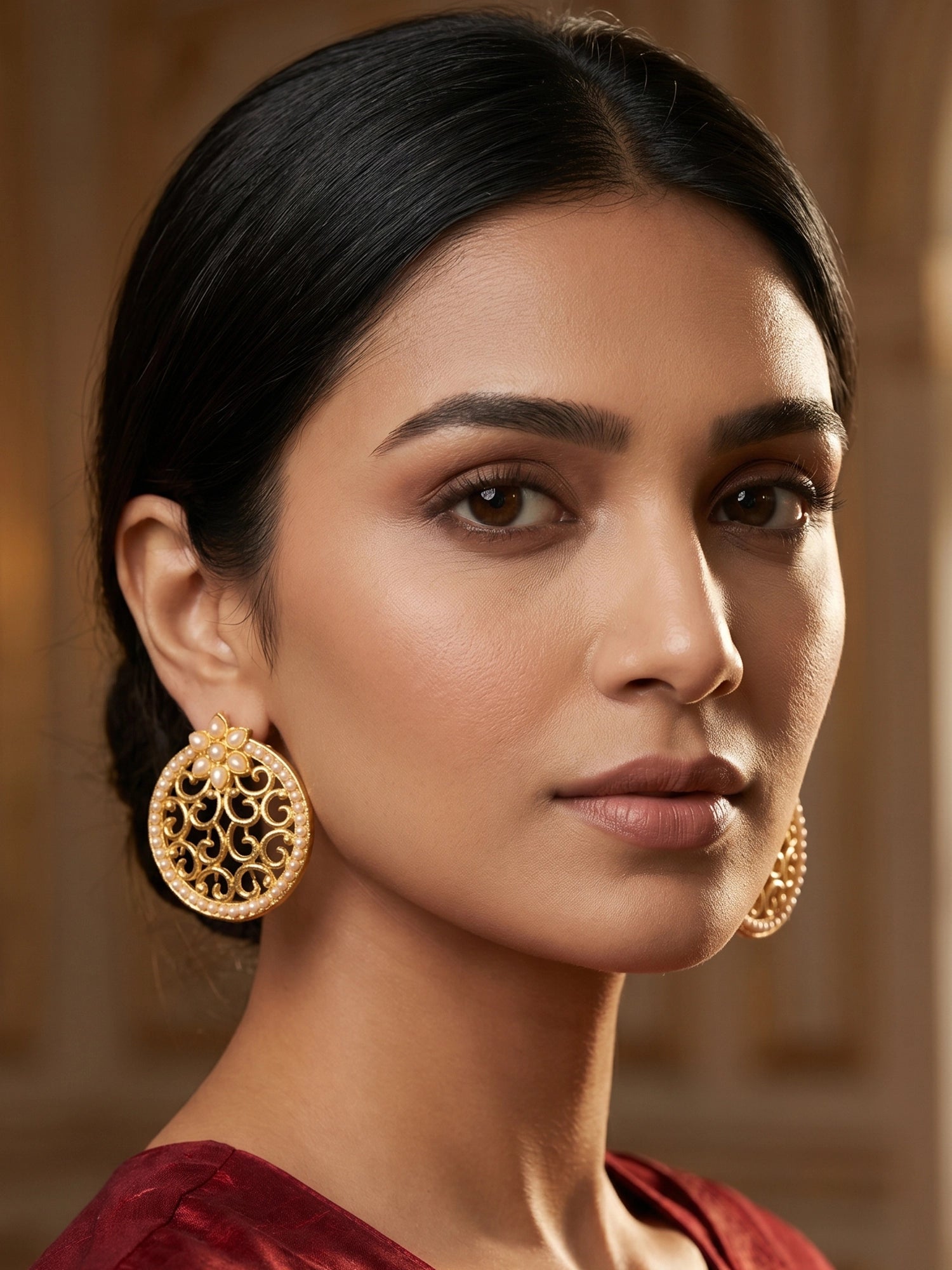 Aadita Gold-Toned Round Stud Earrings with Kundan Floral Top and Pearl