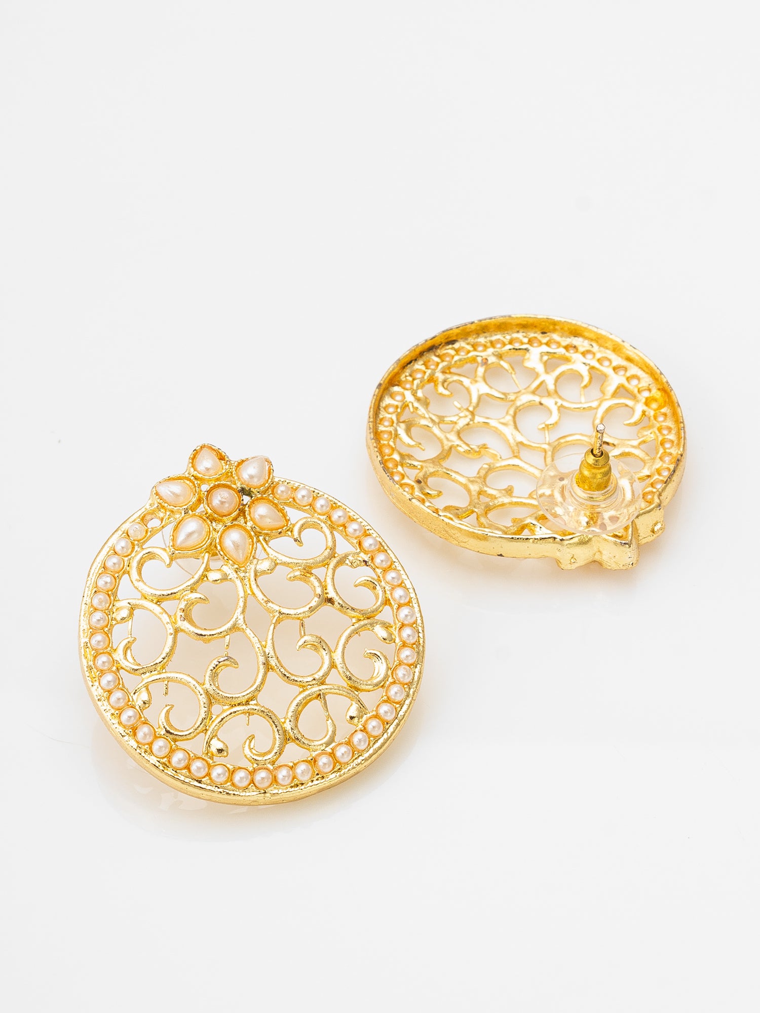Aadita Gold-Toned Round Stud Earrings with Kundan Floral Top and Pearl