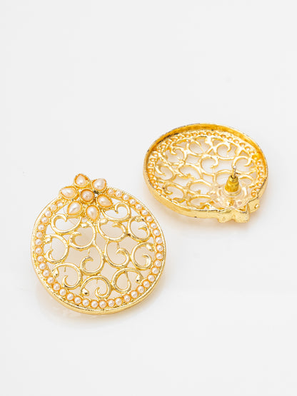Aadita Gold-Toned Round Stud Earrings with Kundan Floral Top and Pearl