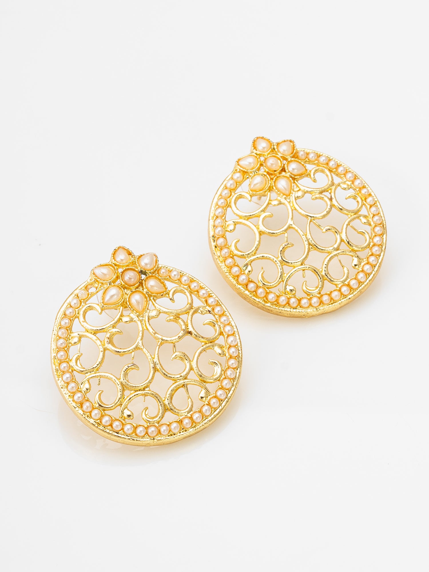Aadita Gold-Toned Round Stud Earrings with Kundan Floral Top and Pearl