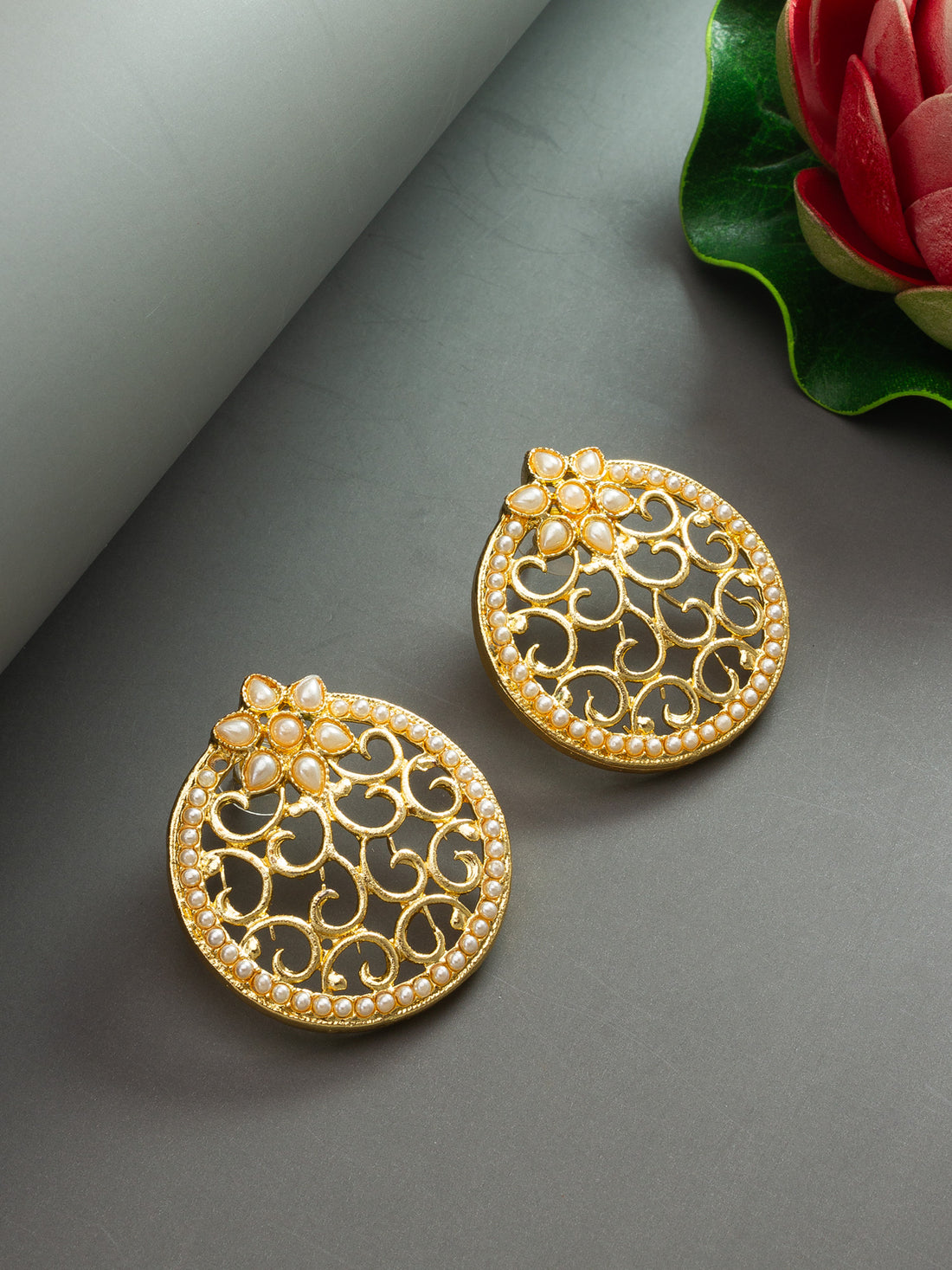 Aadita Gold-Toned Round Stud Earrings with Kundan Floral Top and Pearl