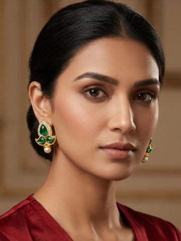 Aadita Gold-Tone Green Stone Kundan Earrings with Pearl Drop
