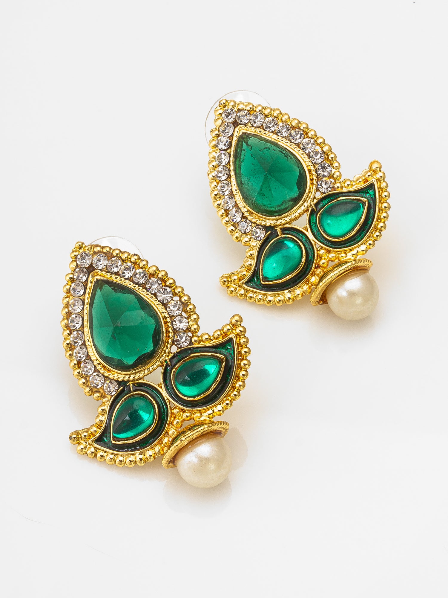 Aadita Gold-Tone Green Stone Kundan Earrings with Pearl Drop