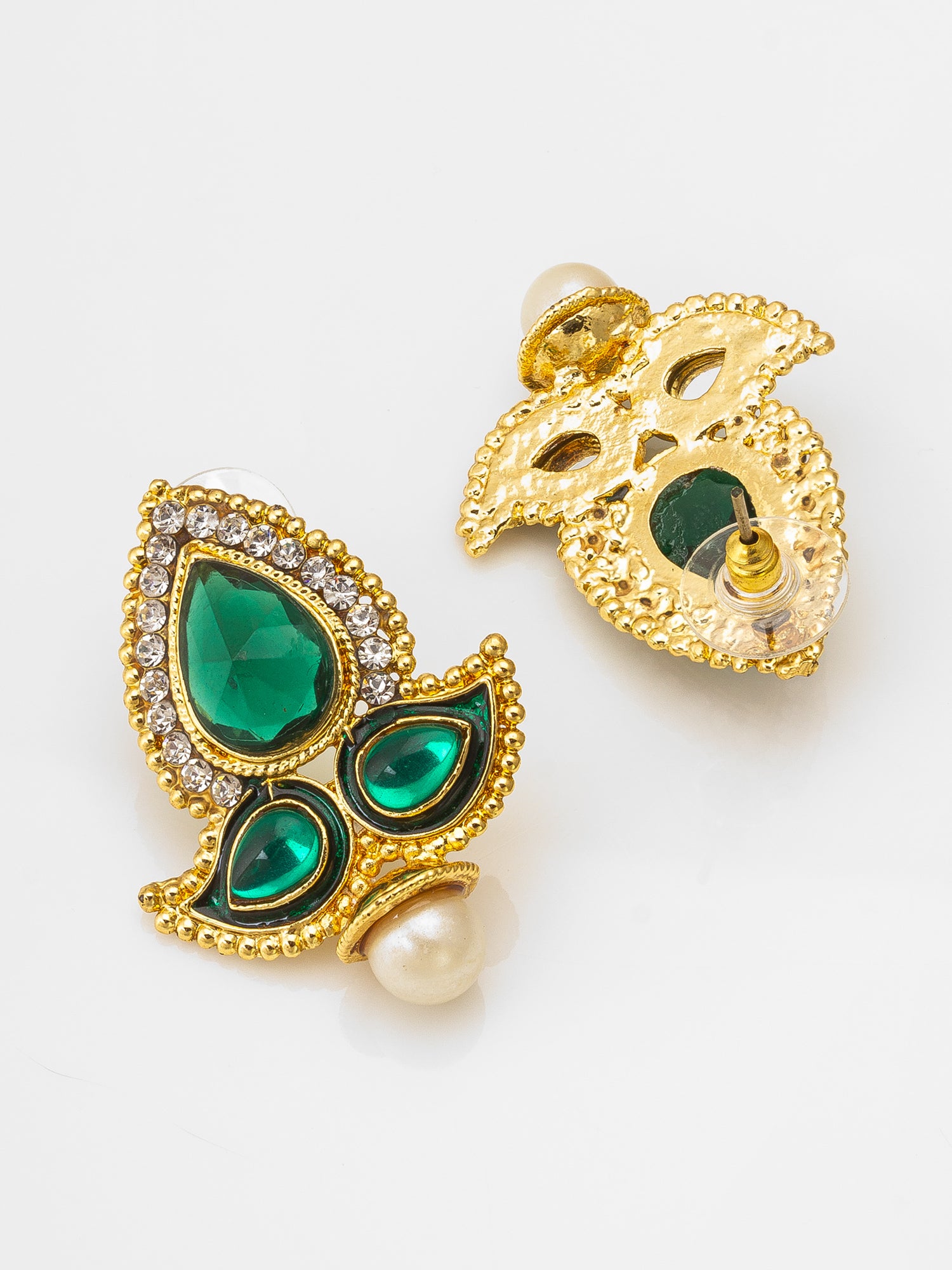 Aadita Gold-Tone Green Stone Kundan Earrings with Pearl Drop