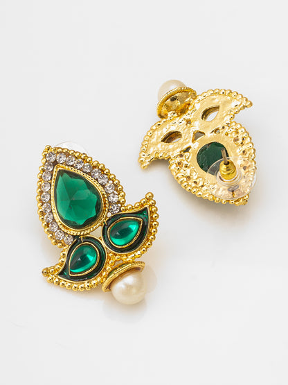 Aadita Gold-Tone Green Stone Kundan Earrings with Pearl Drop