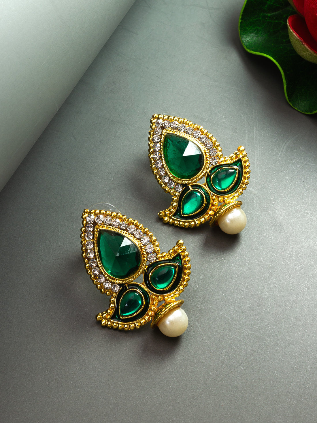 Aadita Gold-Tone Green Stone Kundan Earrings with Pearl Drop