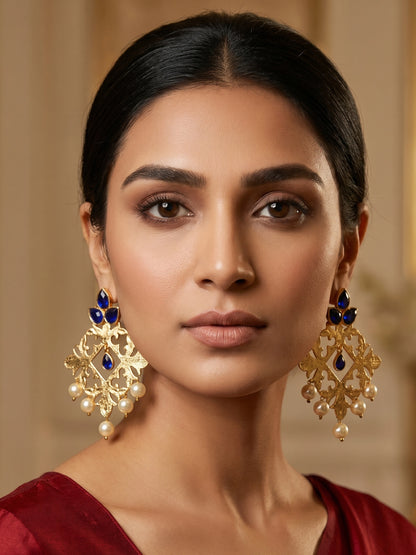 Aadita Gold-Toned Royal Blue Stone Chandelier Earrings with Pearl Drops
