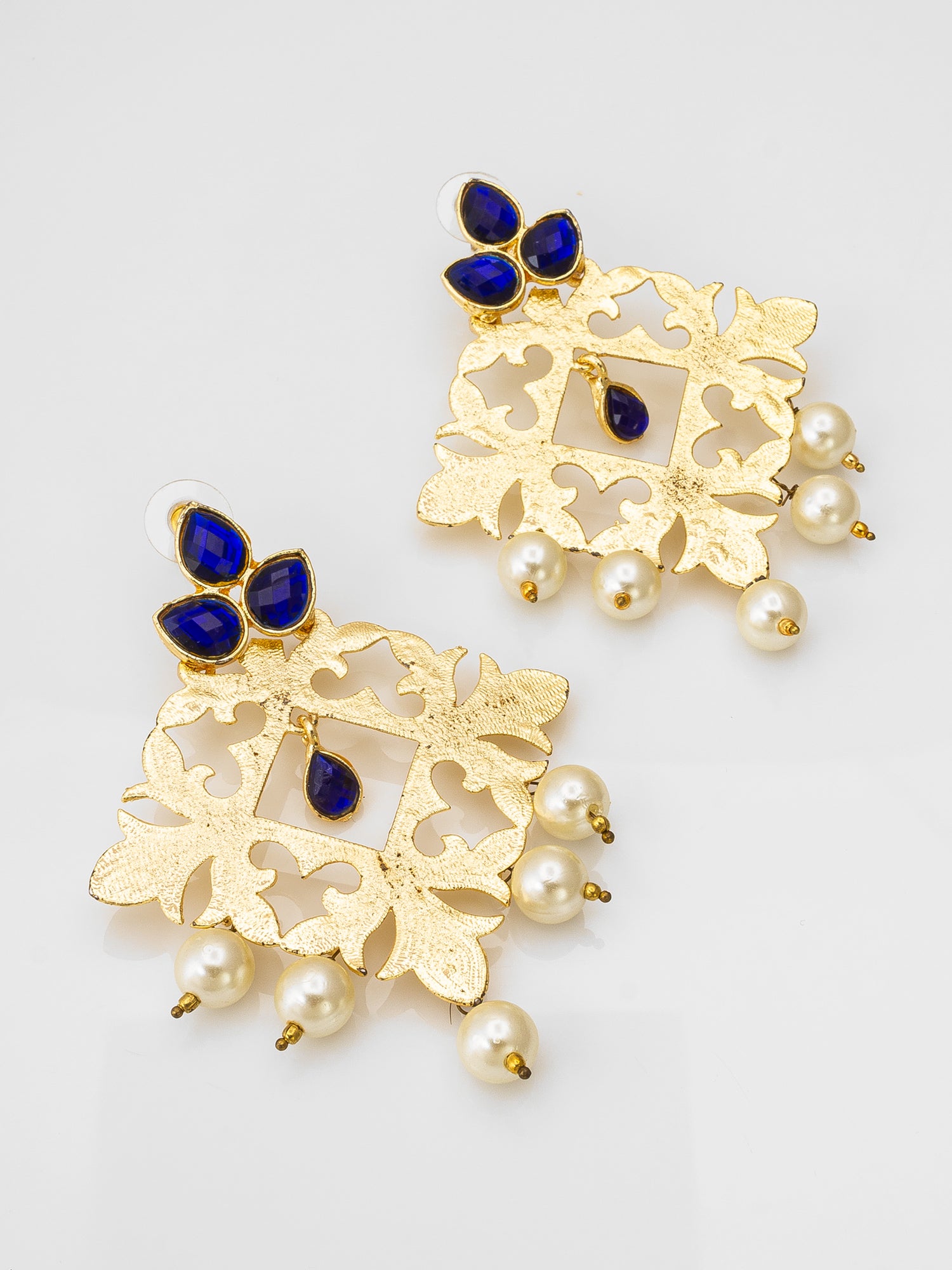 Aadita Gold-Toned Royal Blue Stone Chandelier Earrings with Pearl Drops