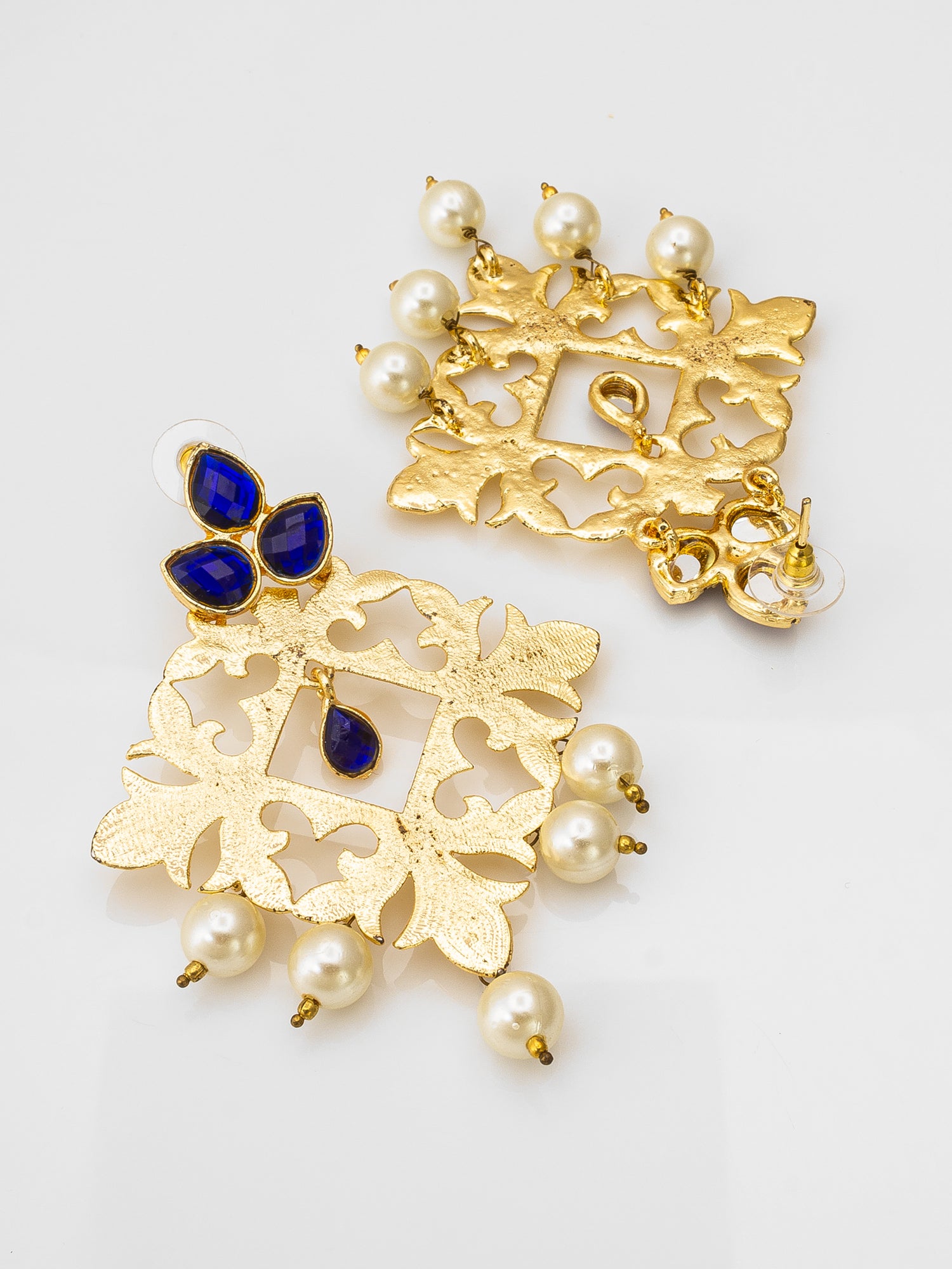 Aadita Gold-Toned Royal Blue Stone Chandelier Earrings with Pearl Drops