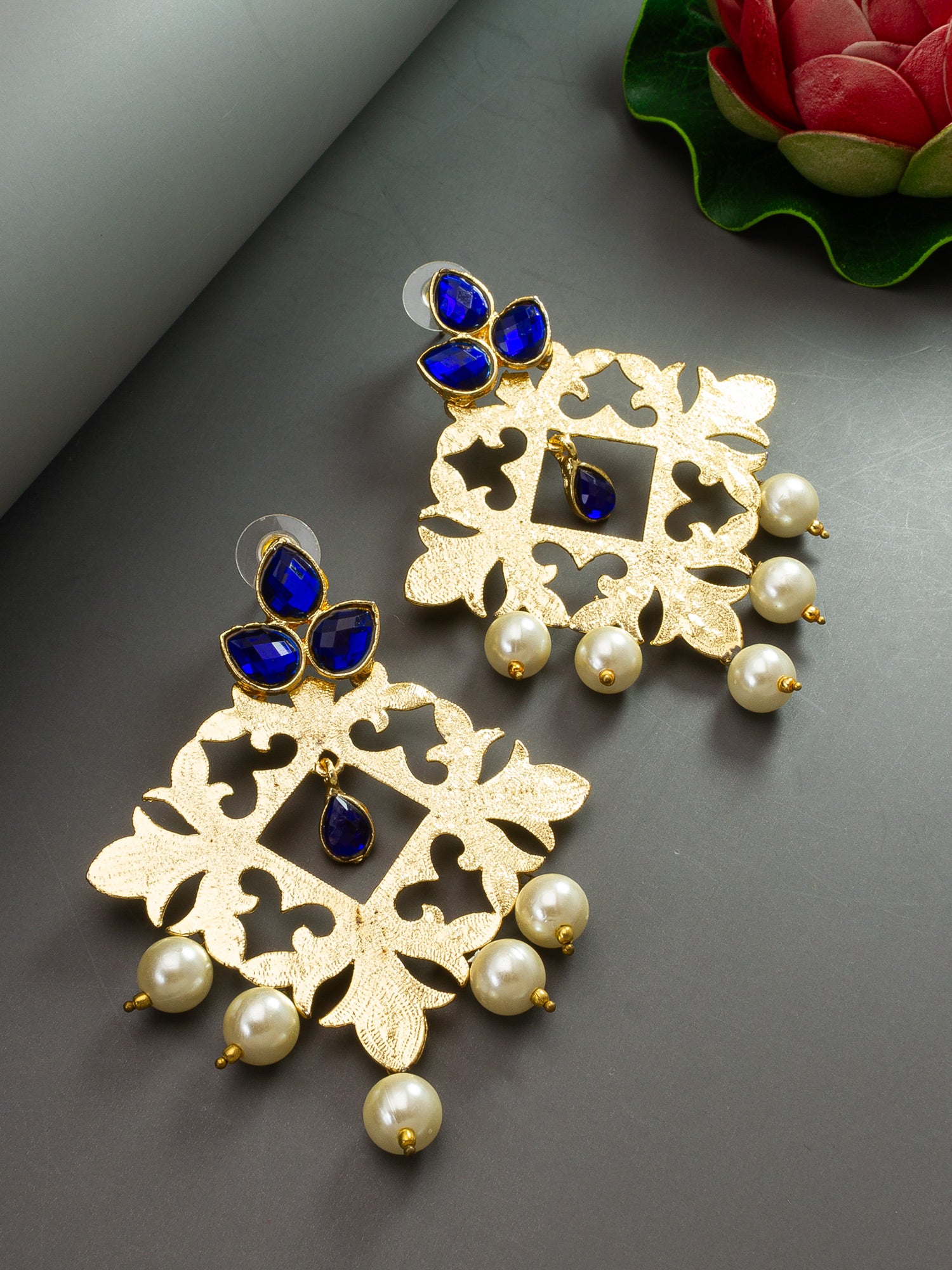 Aadita Gold-Toned Royal Blue Stone Chandelier Earrings with Pearl Drops