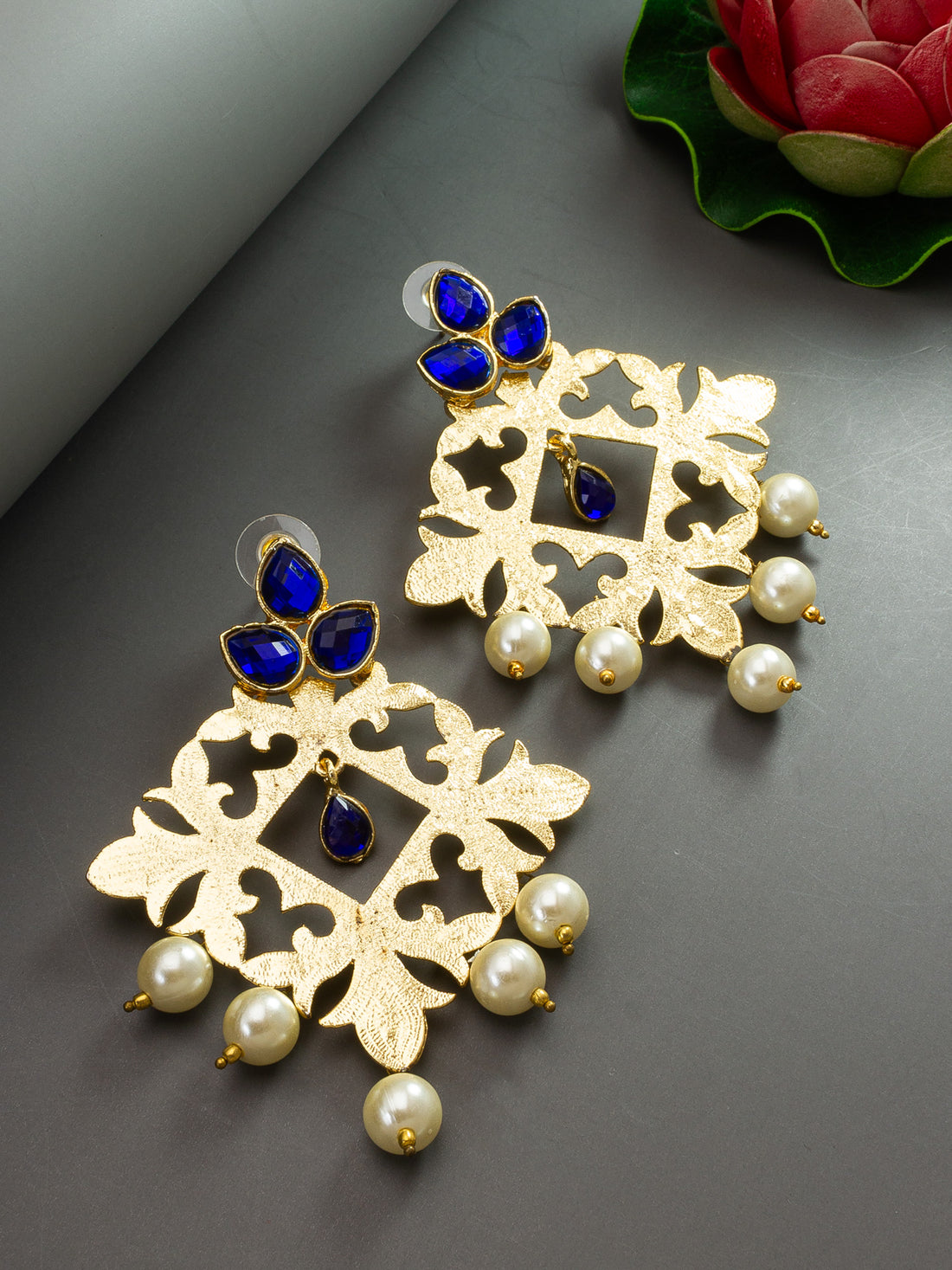 Aadita Gold-Toned Royal Blue Stone Chandelier Earrings with Pearl Drops