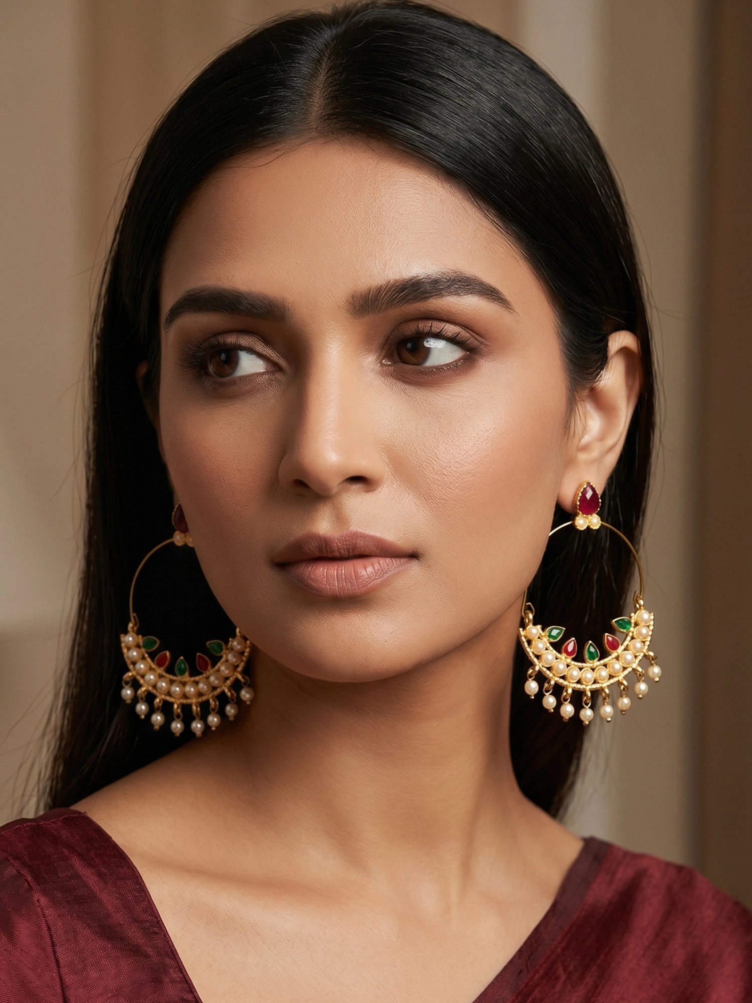 Aadita Gold Tone Chandbali Hoop Earrings with Stones, Pearl Cluster and Pearl Drop