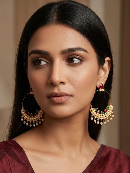 Aadita Gold Tone Chandbali Hoop Earrings with Stones, Pearl Cluster and Pearl Drop
