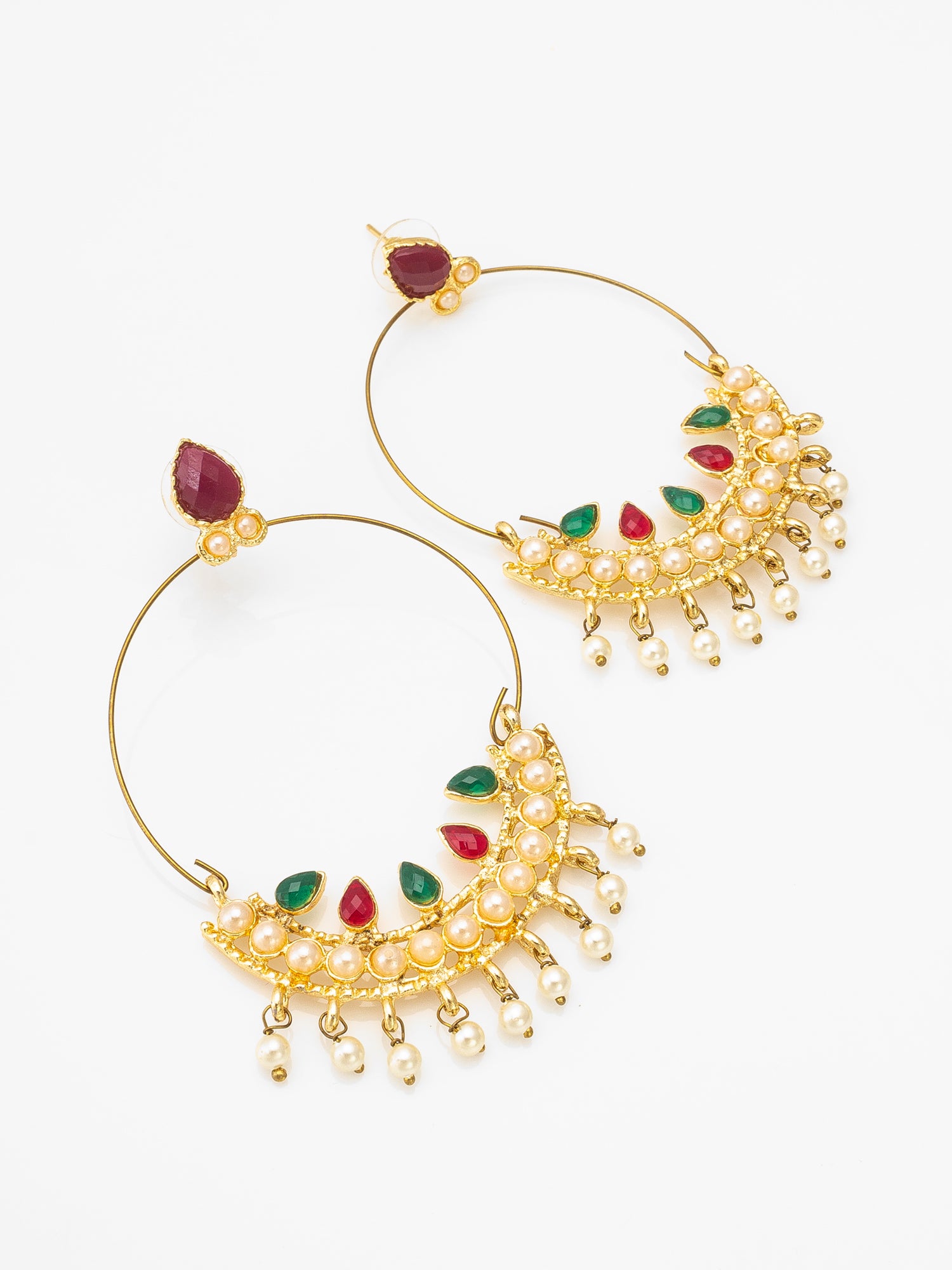 Aadita Gold Tone Chandbali Hoop Earrings with Stones, Pearl Cluster and Pearl Drop