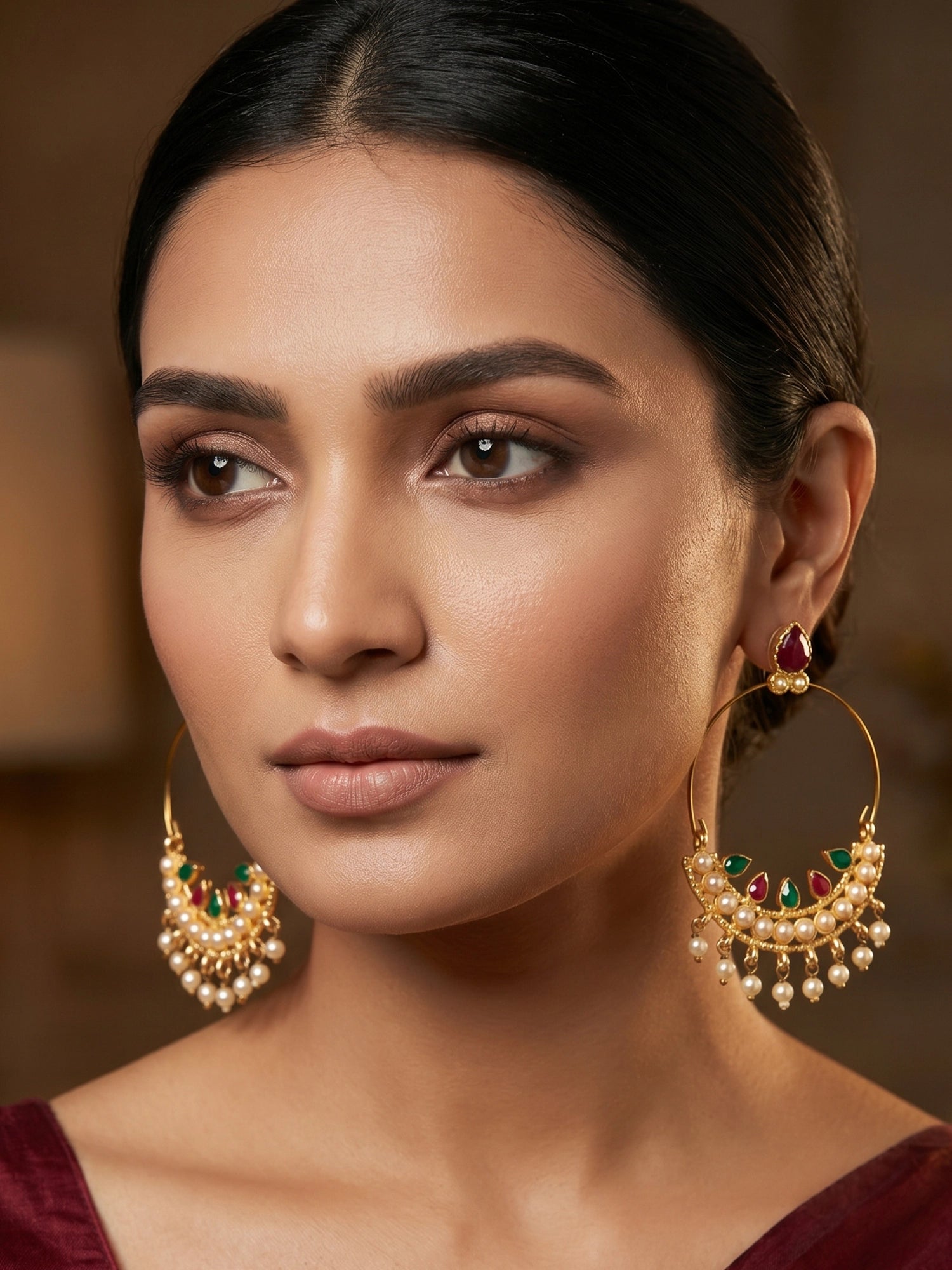 Aadita Gold Tone Chandbali Hoop Earrings with Stones, Pearl Cluster and Pearl Drop