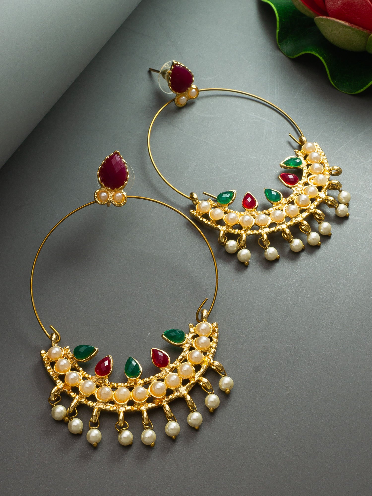 Aadita Gold Tone Chandbali Hoop Earrings with Stones, Pearl Cluster and Pearl Drop