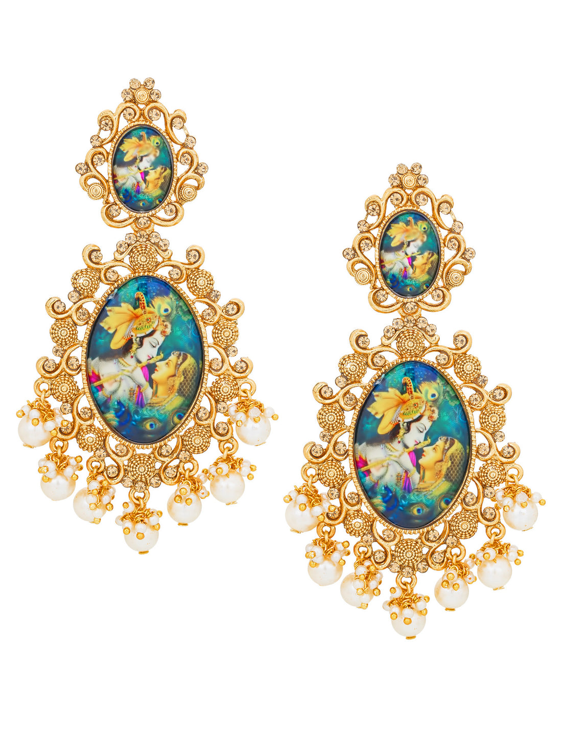 Aadita Wedding Wear Gold Plated Radha Krishna Hand Painted Statement Drop Earrings