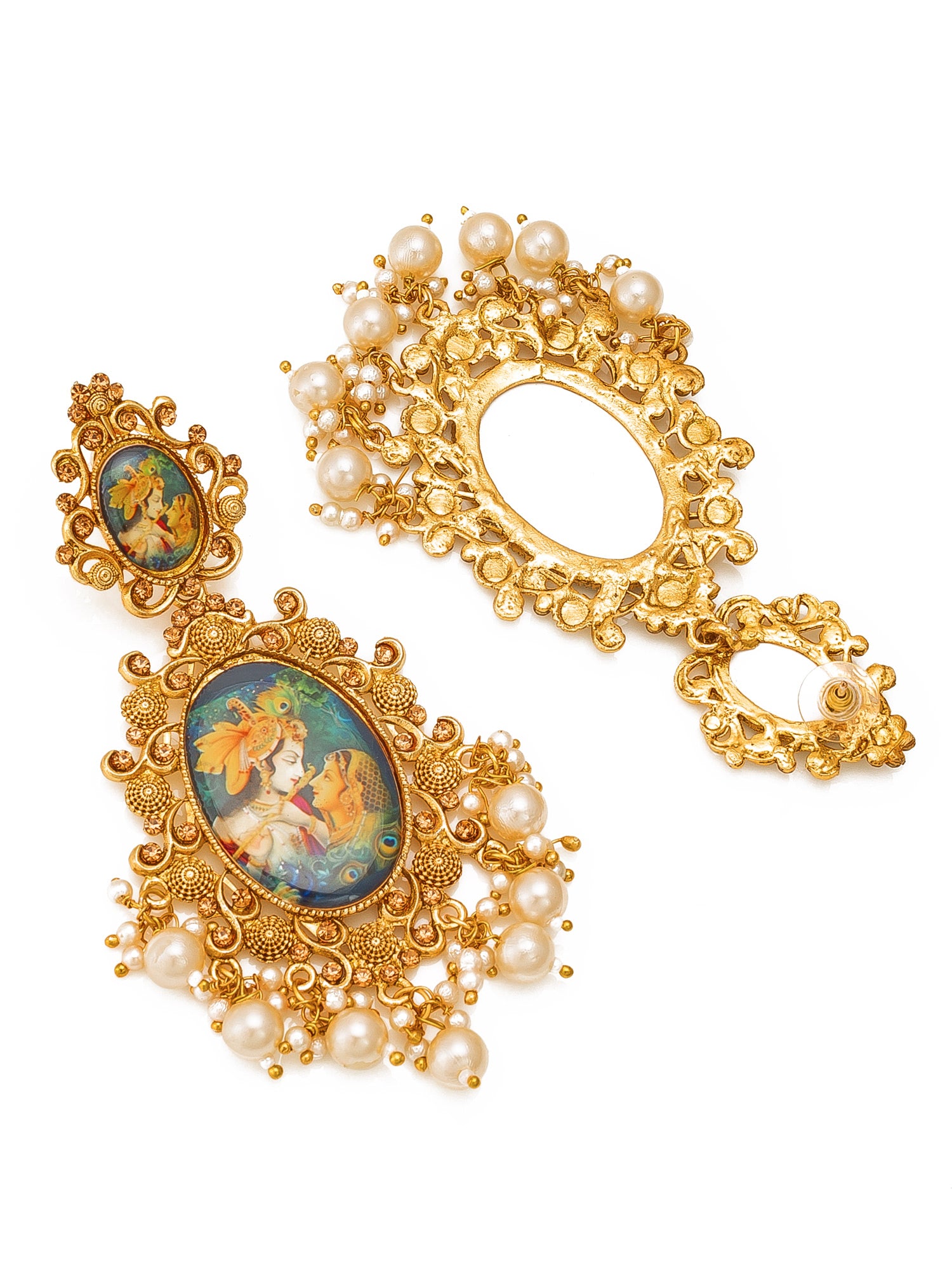 Aadita Wedding Wear Gold Plated Radha Krishna Hand Painted Statement Drop Earrings
