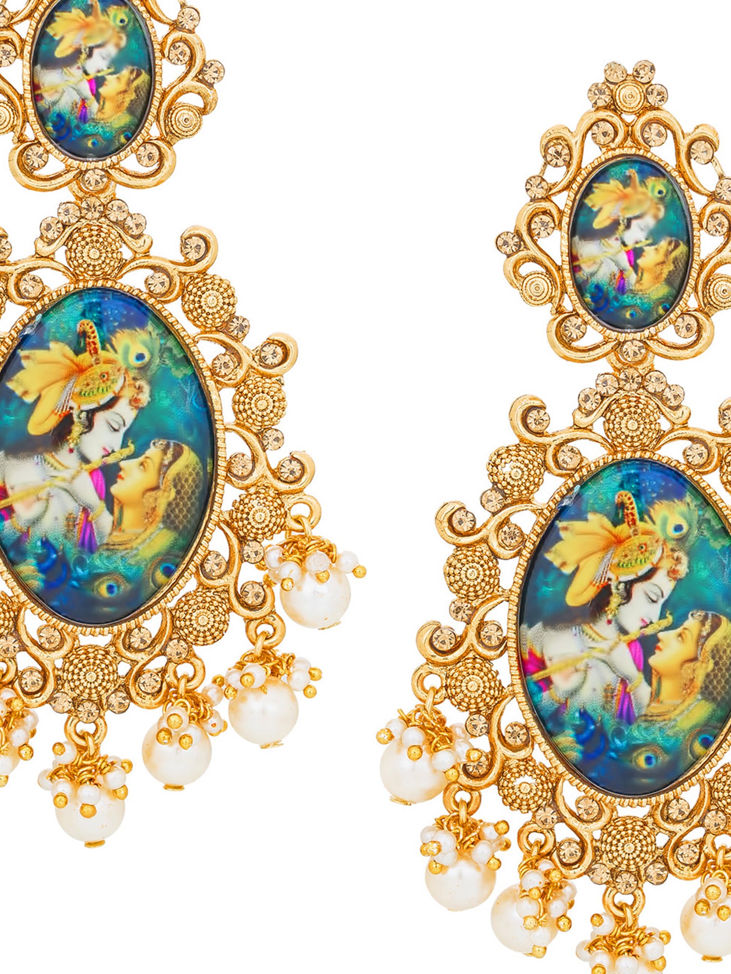 Aadita Wedding Wear Gold Plated Radha Krishna Hand Painted Statement Drop Earrings