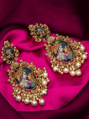 Aadita Wedding Wear Gold Plated Radha Krishna Hand Painted Statement Drop Earrings