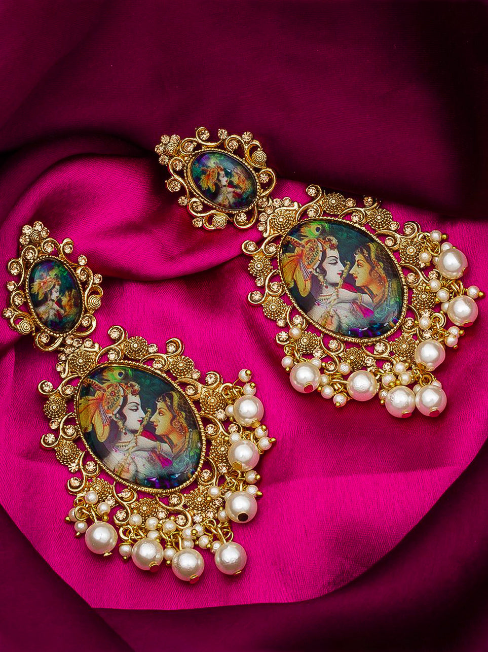 Aadita Wedding Wear Gold Plated Radha Krishna Hand Painted Statement Drop Earrings