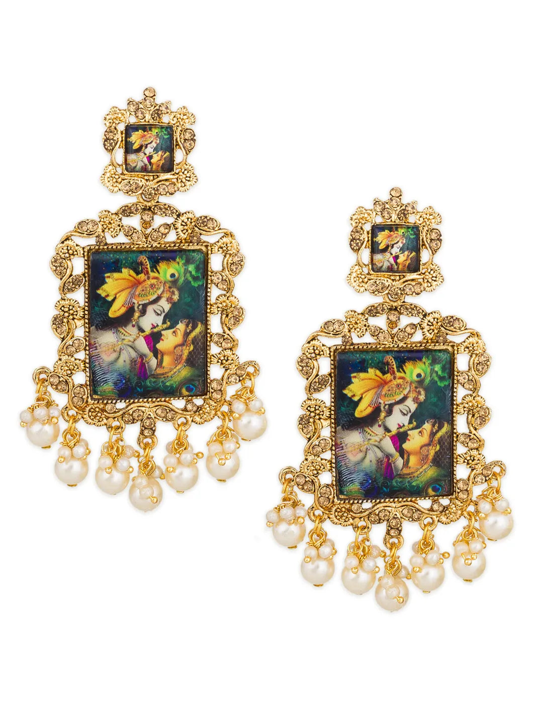 A pair of ornate gold-toned dangle earrings featuring rectangular painted panels with a classical scene, accented with hanging pearl-like beads, shown on a plain white background.
