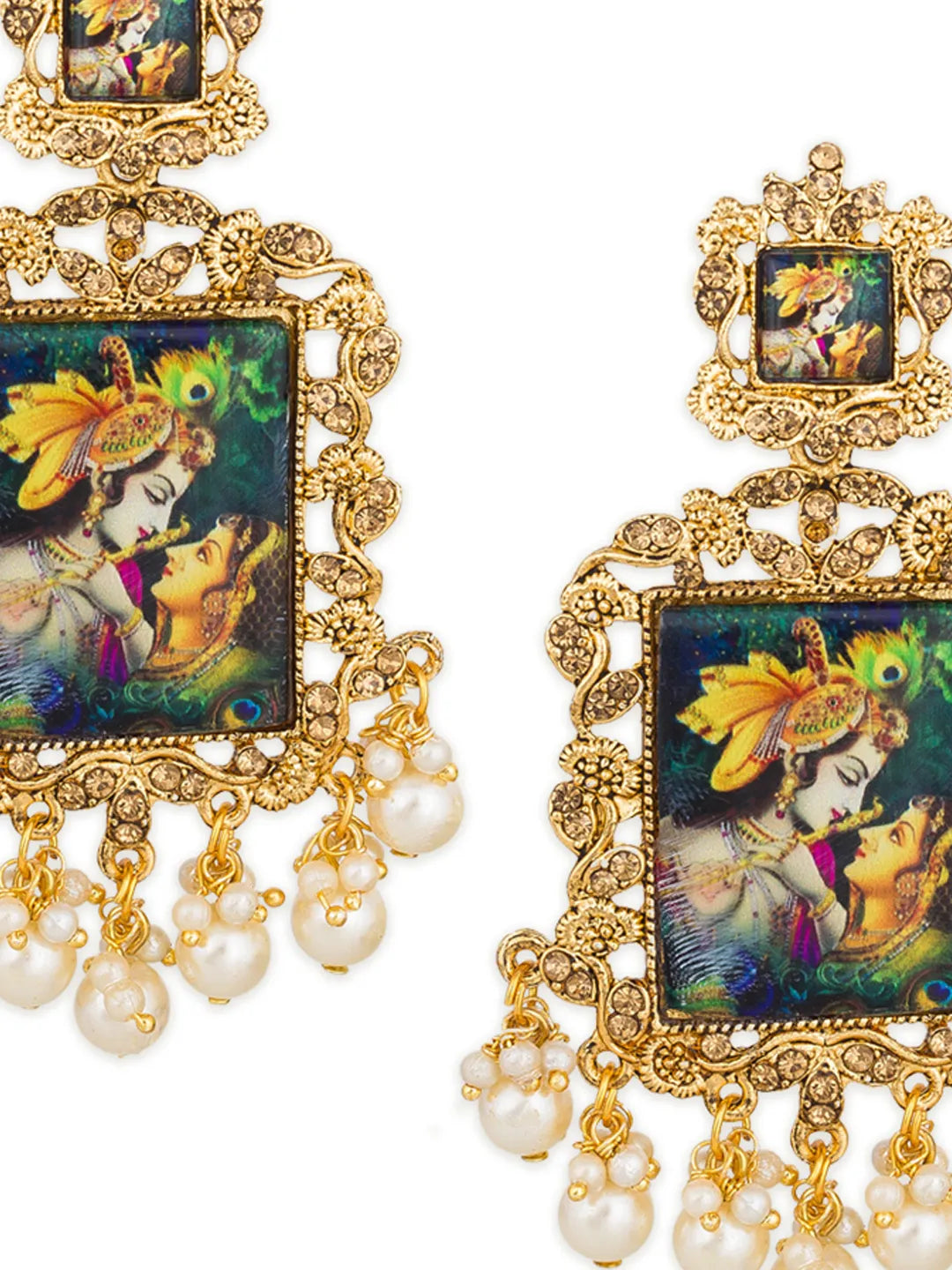 Gold-toned statement earrings with rectangular multicolor painted panels depicting a classical scene, ornate filigree borders, and dangling pearl-like beads on a white background.