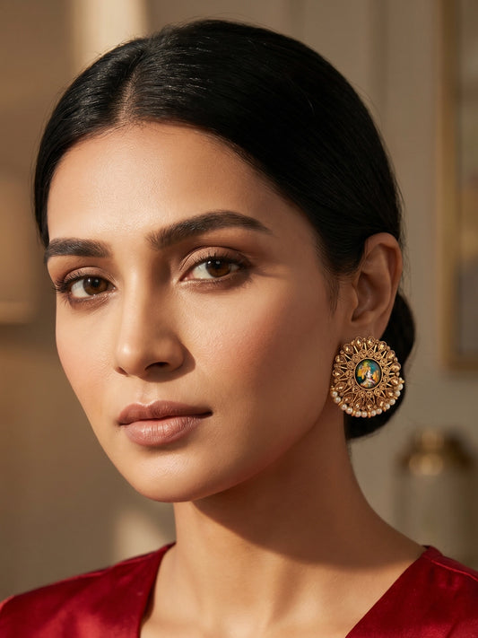 Aadita Gold-Toned Kundan Stud Earrings with Pearl Border