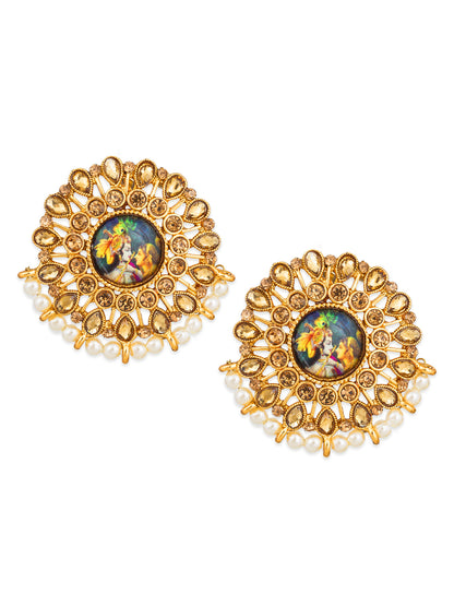 Aadita Gold-Toned Kundan Stud Earrings with Pearl Border