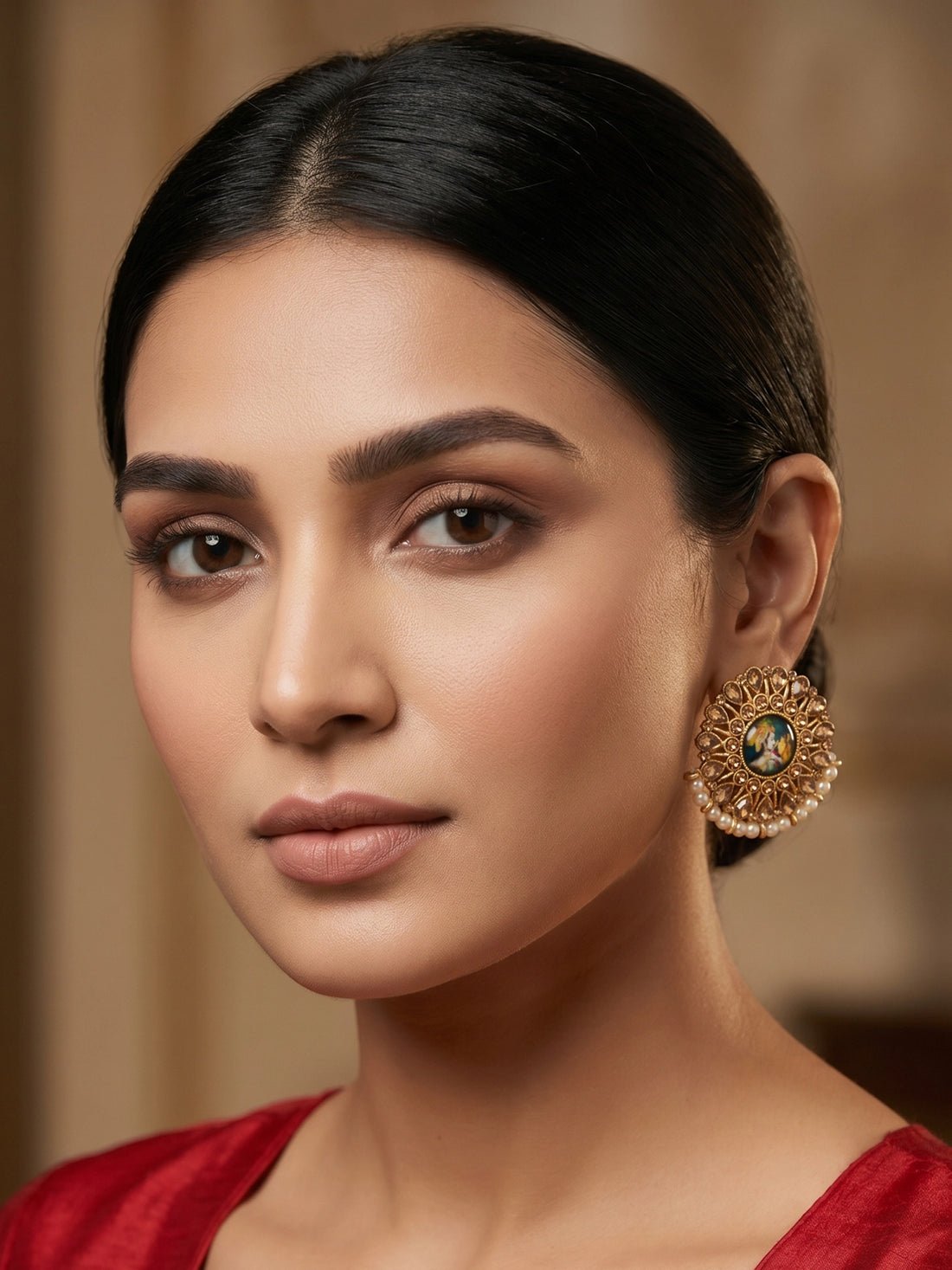 Aadita Gold-Toned Kundan Stud Earrings with Pearl Border