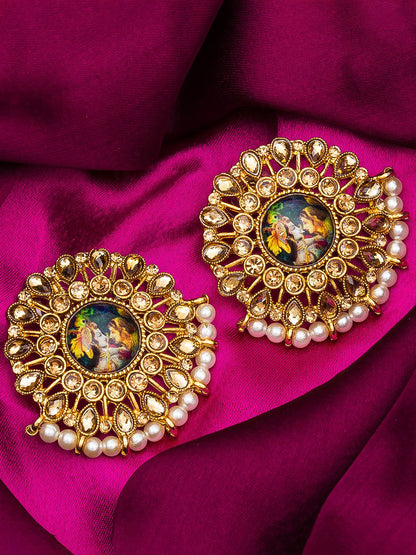 Aadita Gold-Toned Kundan Stud Earrings with Pearl Border