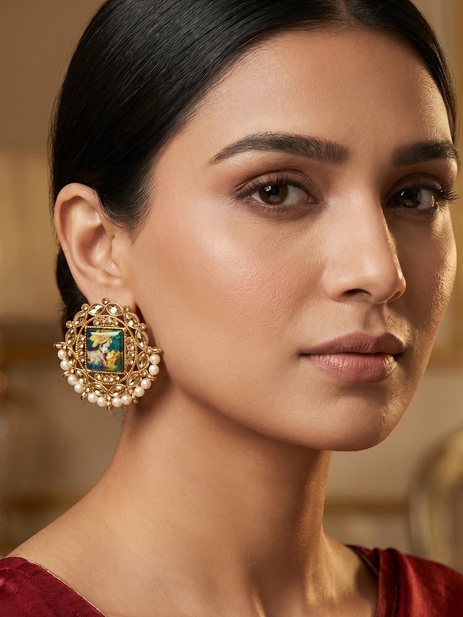 Aadita Radha Krishna Meenakari Gold-Tone Stud Earrings with Pearl Border