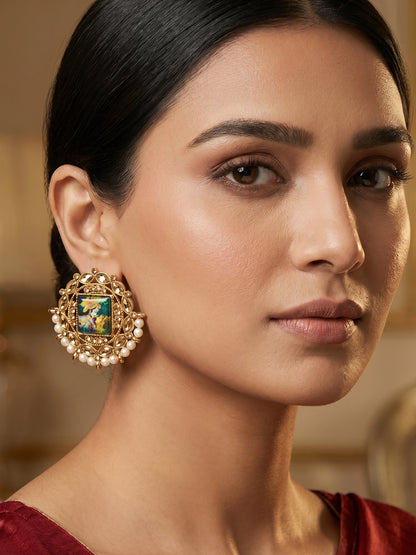 Aadita Radha Krishna Meenakari Gold-Tone Stud Earrings with Pearl Border