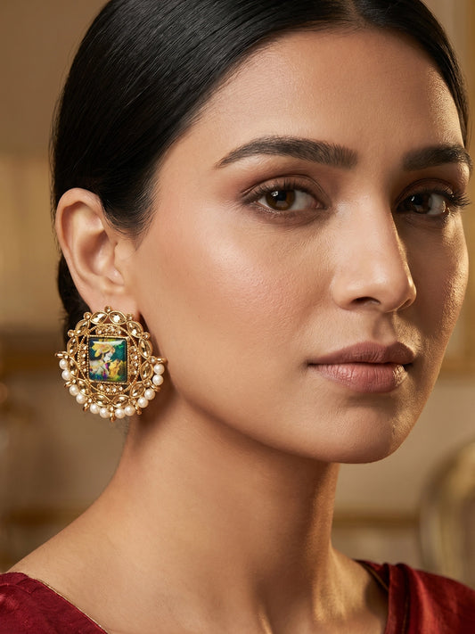 Aadita Radha Krishna Meenakari Gold-Tone Stud Earrings with Pearl Border