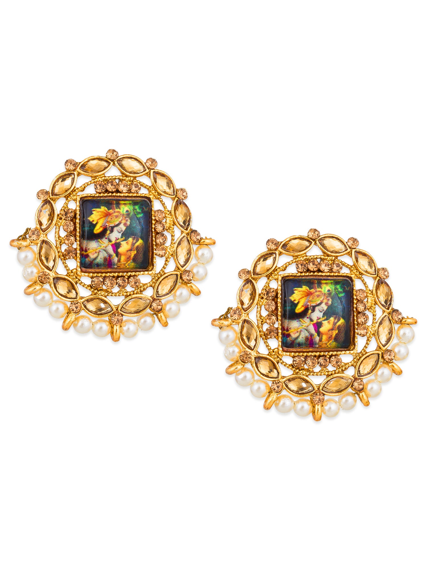 Aadita Radha Krishna Meenakari Gold-Tone Stud Earrings with Pearl Border