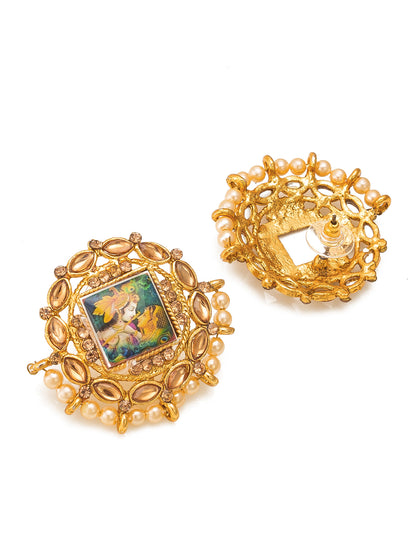 Aadita Radha Krishna Meenakari Gold-Tone Stud Earrings with Pearl Border
