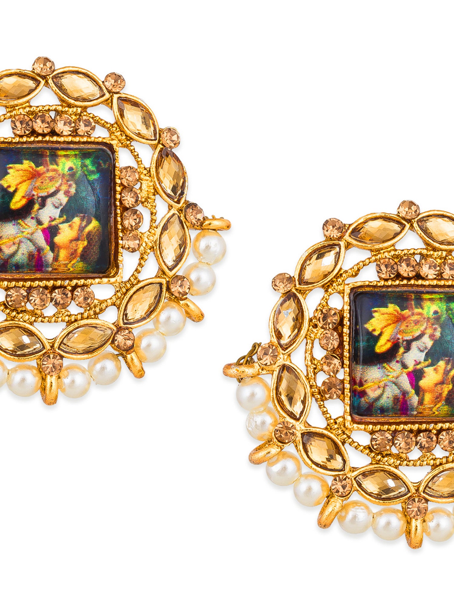 Aadita Radha Krishna Meenakari Gold-Tone Stud Earrings with Pearl Border