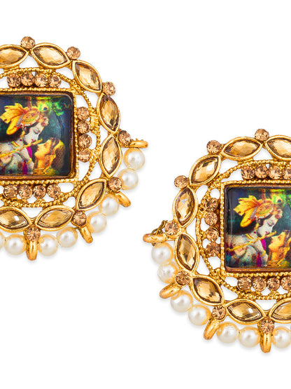 Aadita Radha Krishna Meenakari Gold-Tone Stud Earrings with Pearl Border