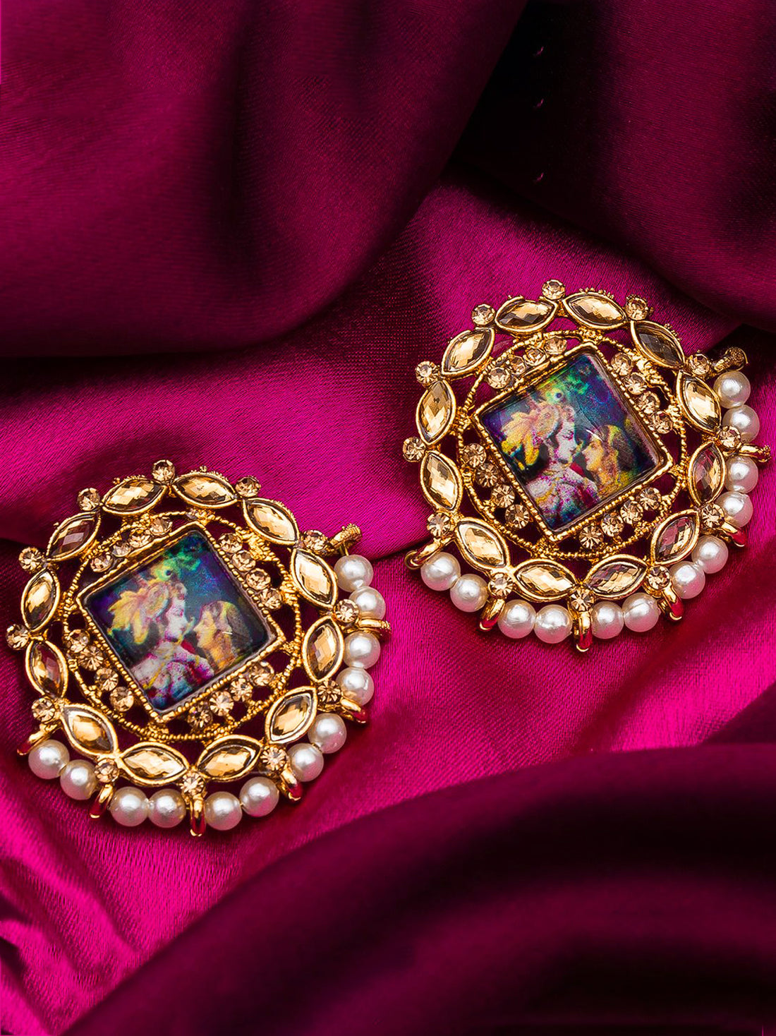 Aadita Radha Krishna Meenakari Gold-Tone Stud Earrings with Pearl Border