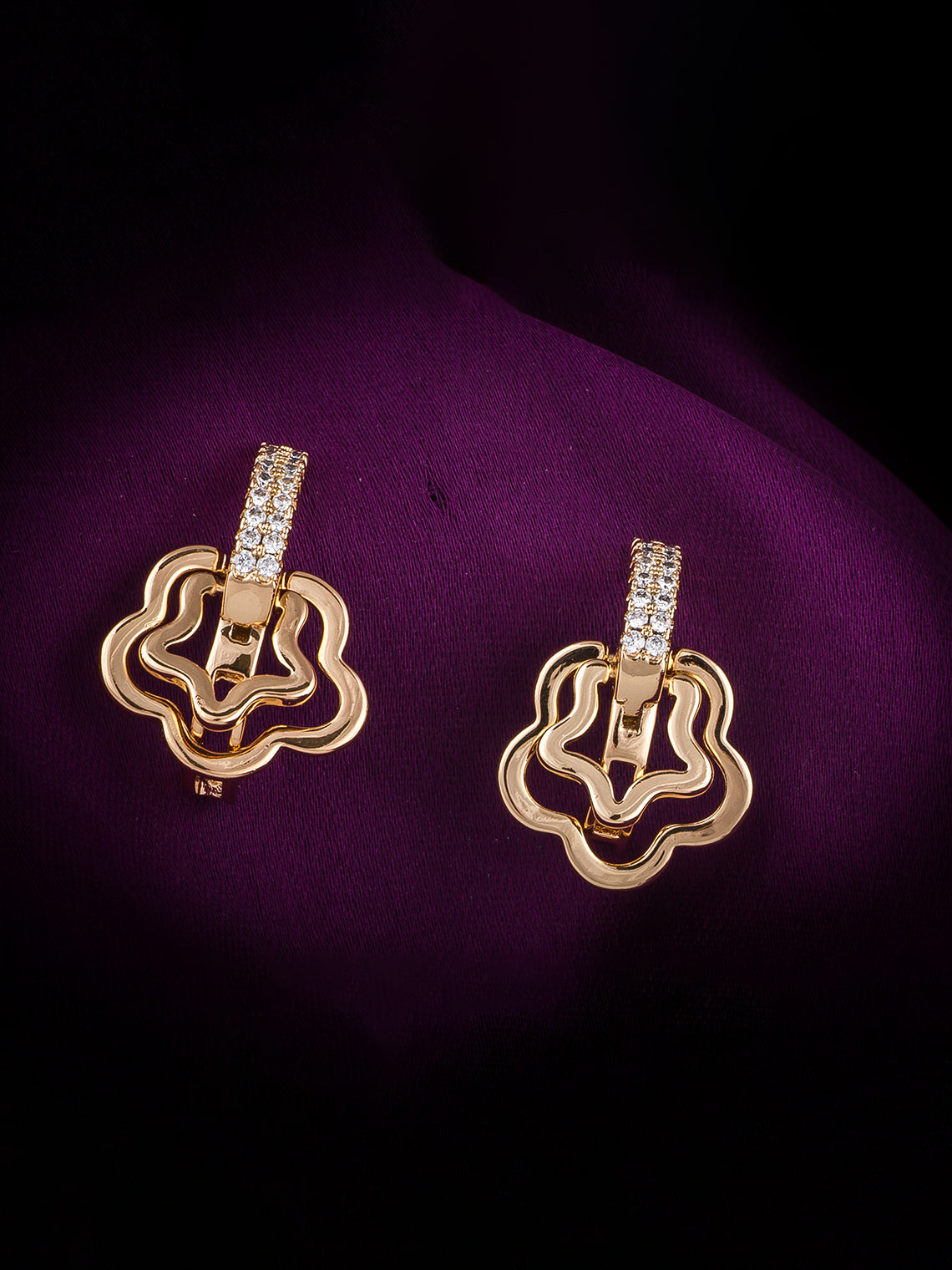 Aadita Gold-Toned Double Floral Drop Earrings with Crystal-Set Huggie Hoop